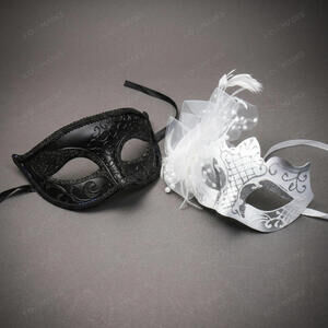 Mardi Gras Venetian Glitter Feather Masquerade Halloween Party mask Black White